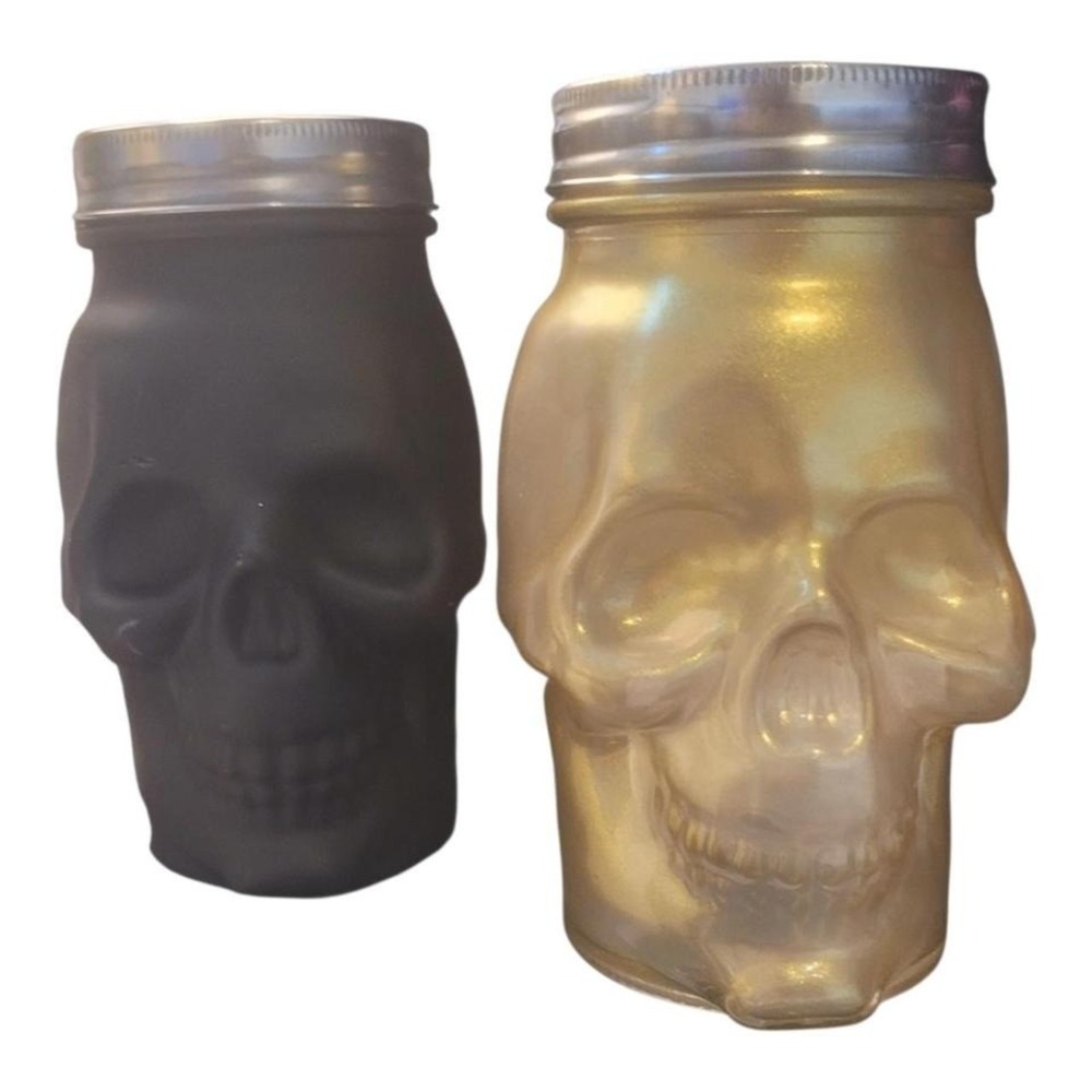 gold and‎ black glass skull drinking jars w/lids